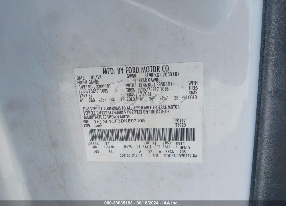 2013 FORD F-150 XL VIN: 1FTNF1CF3DKE07105