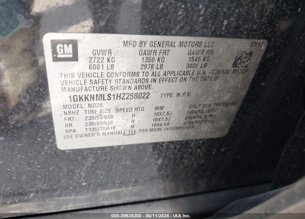 2017 GMC ACADIA SLT-1 VIN: 1GKKNMLS1HZ258022