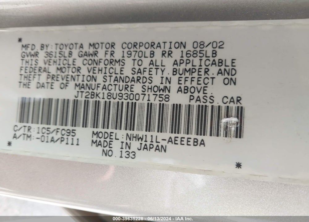 2003 TOYOTA PRIUS VIN: JT2BK18U930071758