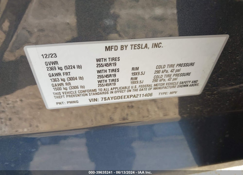 2023 TESLA MODEL Y AWD/LONG RANGE DUAL MOTOR ALL-WHEEL DRIVE VIN: 7SAYGDEEXPA211406