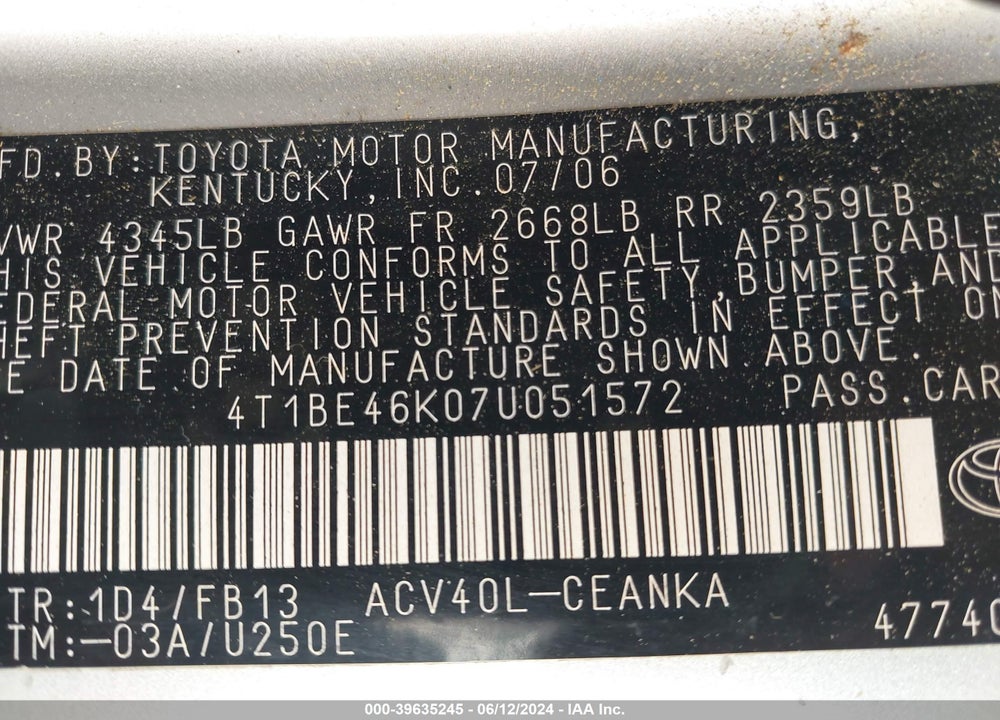 2007 TOYOTA CAMRY LE VIN: 4T1BE46K07U051572