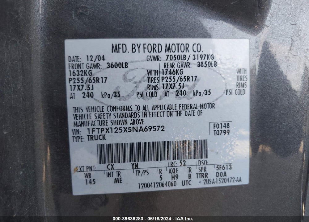 2005 FORD F-150 LARIAT/XL/XLT VIN: 1FTPX125X5NA69572