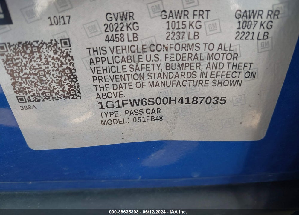 2017 CHEVROLET BOLT EV LT VIN: 1G1FW6S00H4187035