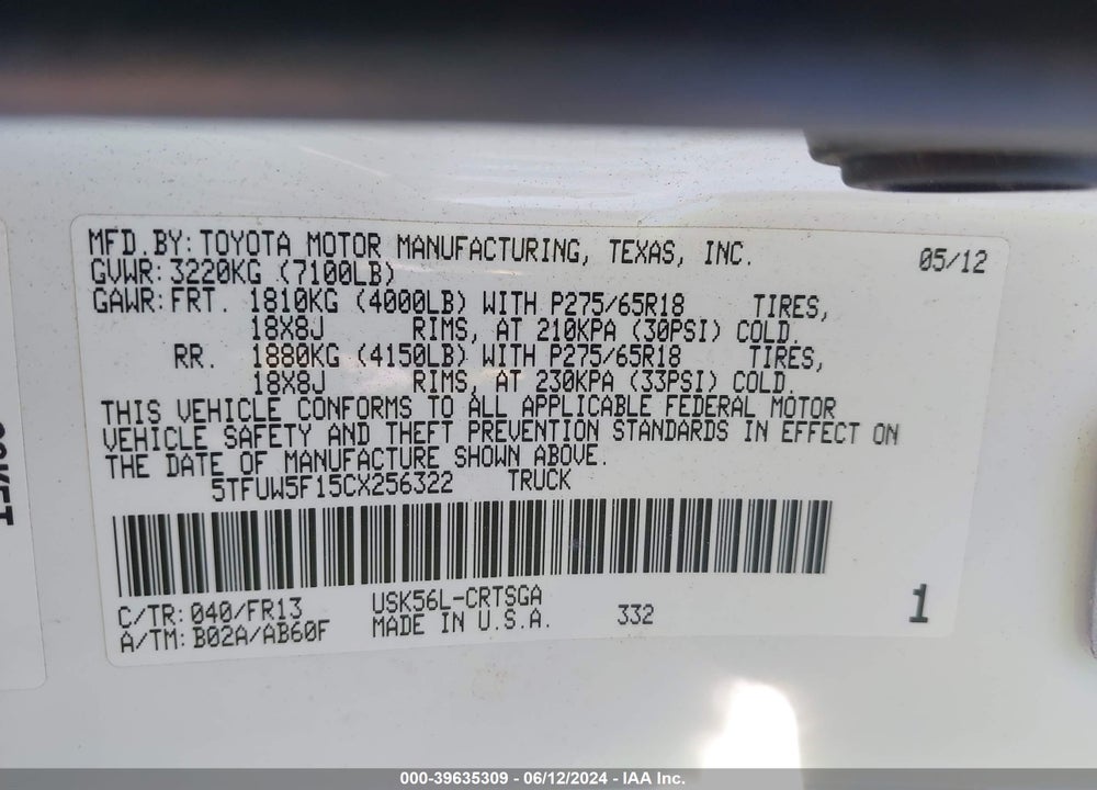 2012 TOYOTA TUNDRA GRADE 5.7L V8 VIN: 5TFUW5F15CX256322
