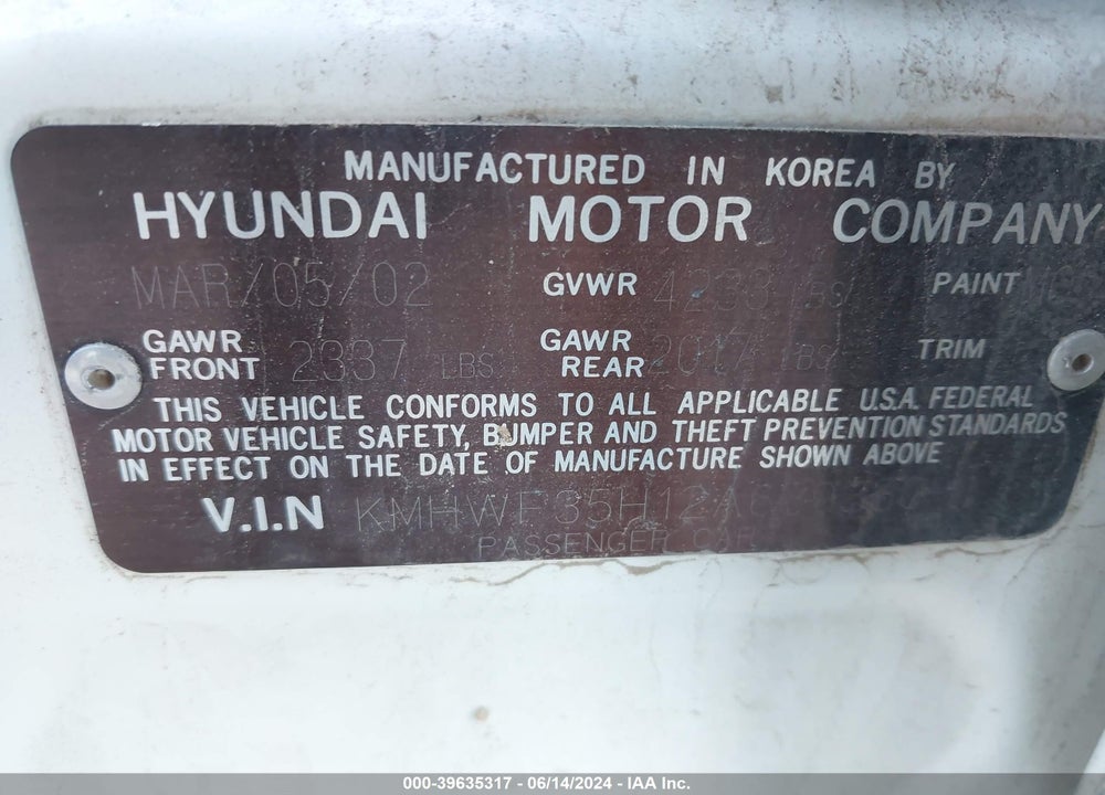 2002 HYUNDAI SONATA GLS/LX VIN: KMHWF35H12A639330