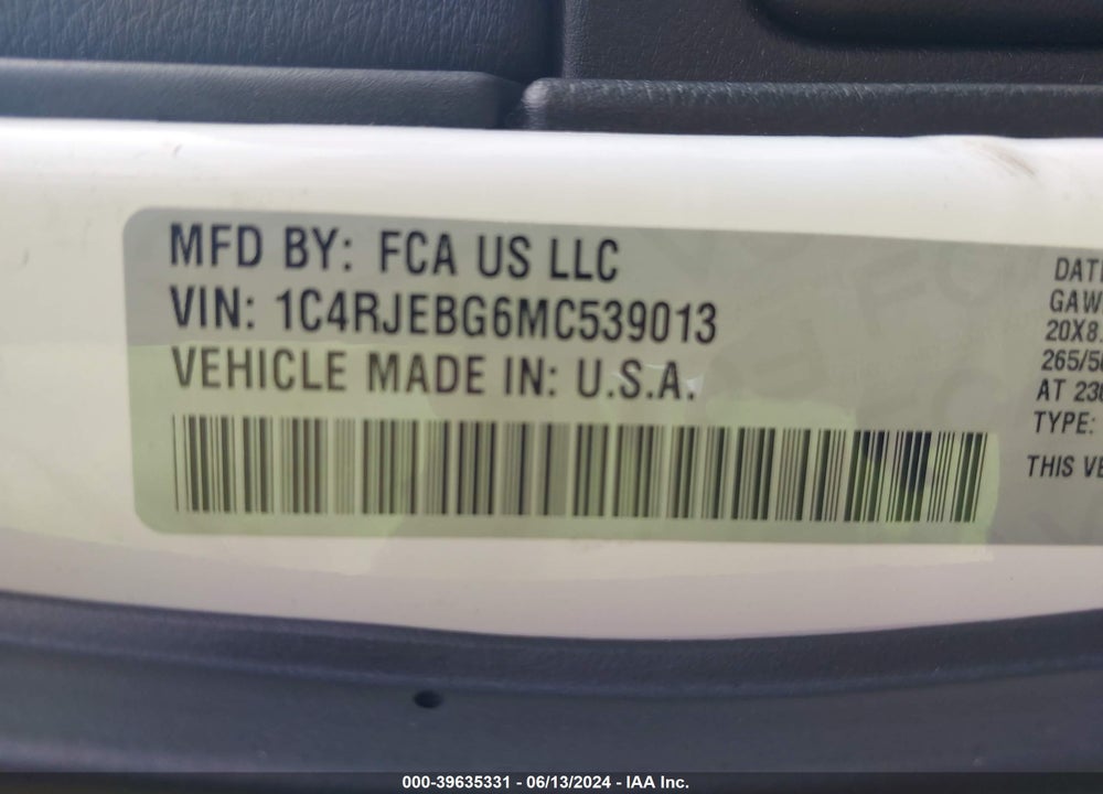 2021 JEEP GRAND CHEROKEE 80TH ANNIVERSARY 4X2 VIN: 1C4RJEBG6MC539013