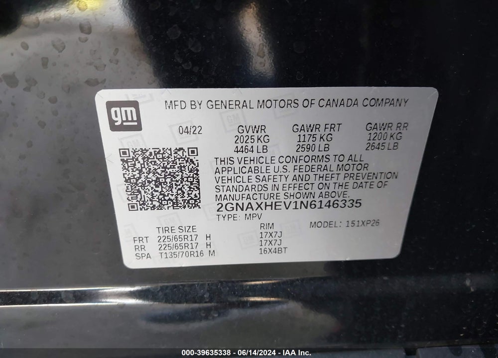2022 CHEVROLET EQUINOX FWD LS VIN: 2GNAXHEV1N6146335