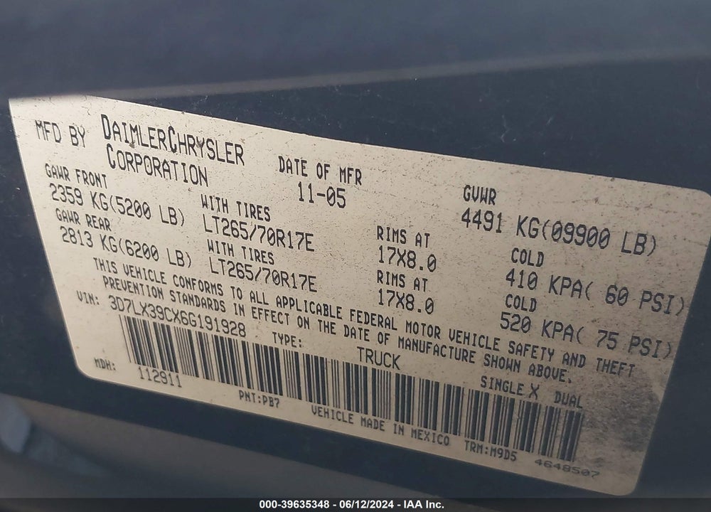 2006 DODGE RAM 3500 SLT VIN: 3D7LX39CX6G191928