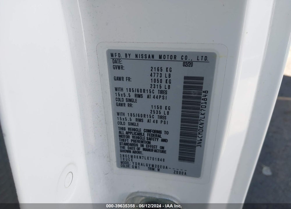 2020 NISSAN NV200 COMPACT CARGO SV XTRONIC CVT VIN: 3N6CM0KN7LK701848