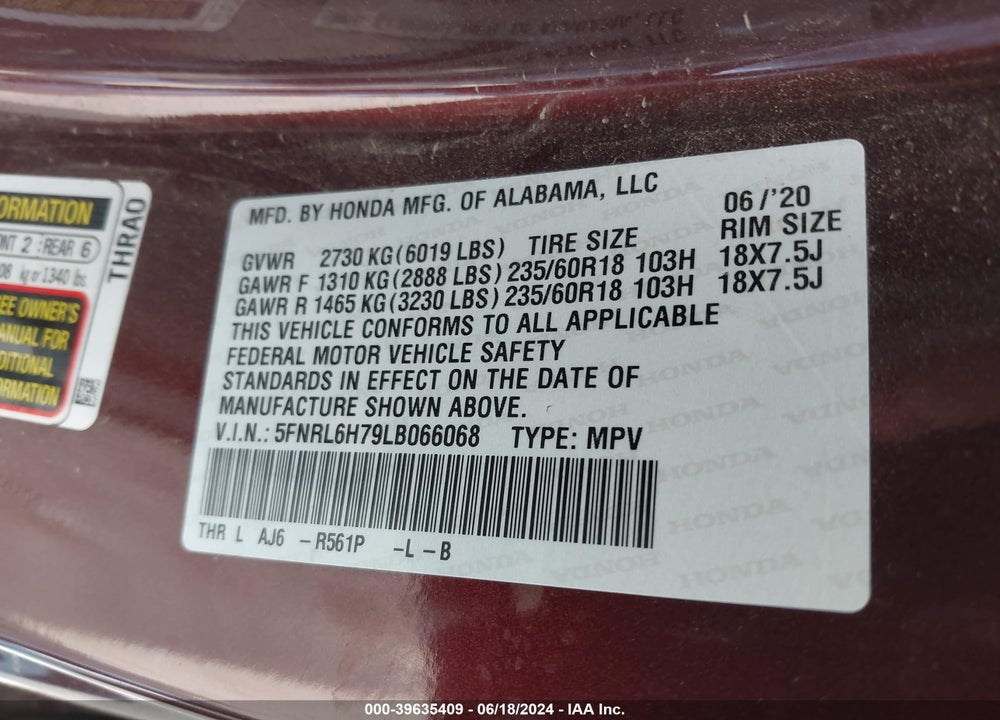 2020 HONDA ODYSSEY EX-L/EX-L W/NAVI RES VIN: 5FNRL6H79LB066068