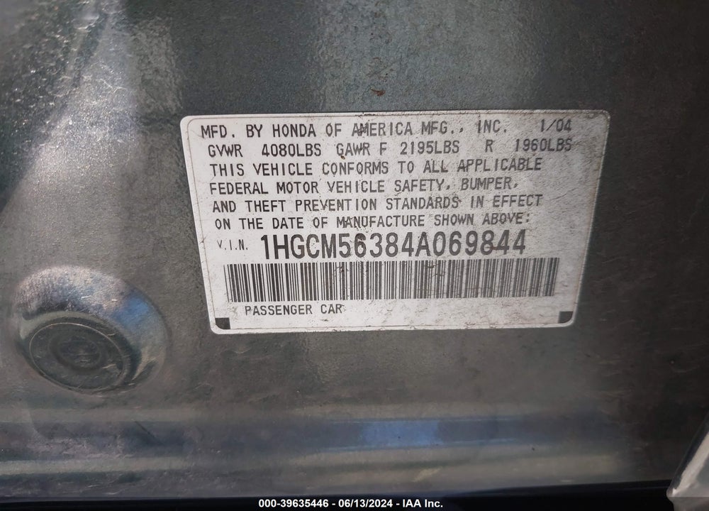 2004 HONDA ACCORD 2.4 LX VIN: 1HGCM56384A069844