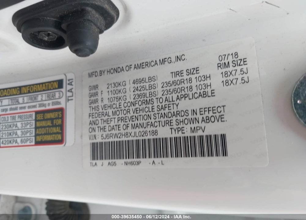 2018 HONDA CR-V VIN: 5J6RW2H8XJL026188