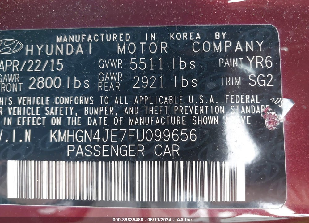 2015 HYUNDAI GENESIS 3.8 VIN: KMHGN4JE7FU099656