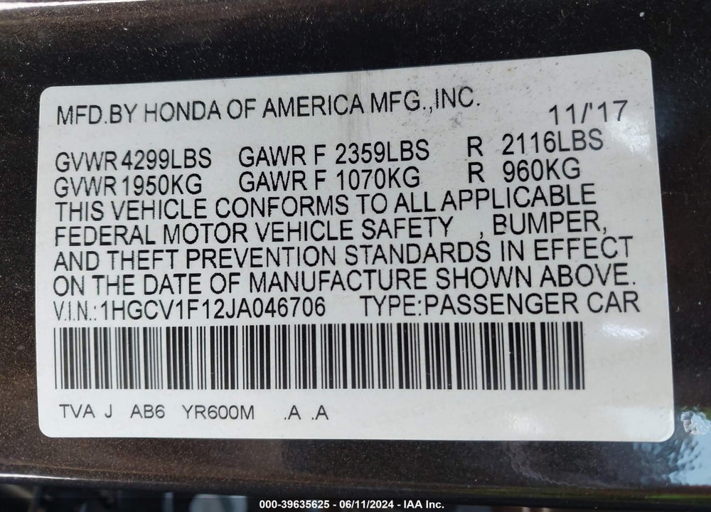2018 HONDA ACCORD LX VIN: 1HGCV1F12JA046706