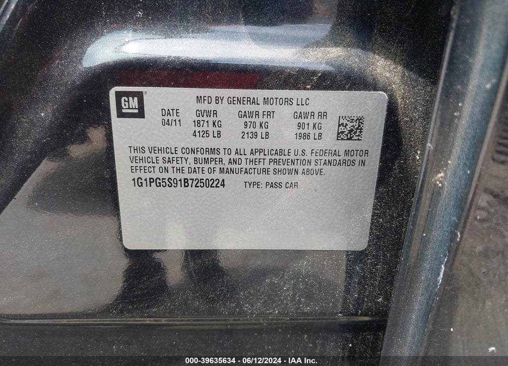 2011 CHEVROLET CRUZE 2LT VIN: 1G1PG5S91B7250224