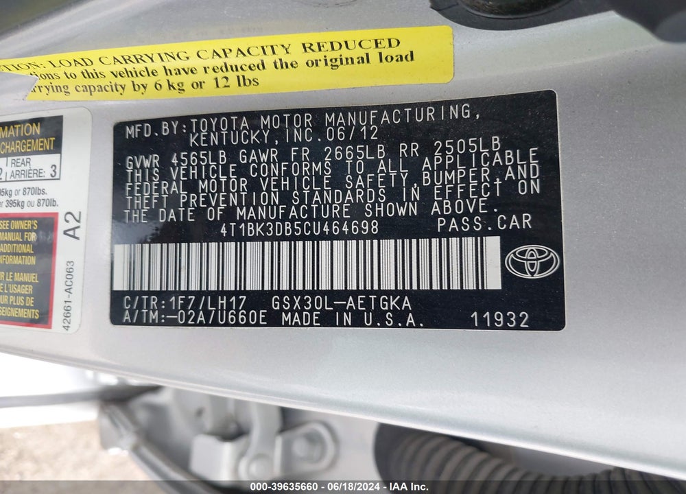 2012 TOYOTA AVALON VIN: 4T1BK3DB5CU464698