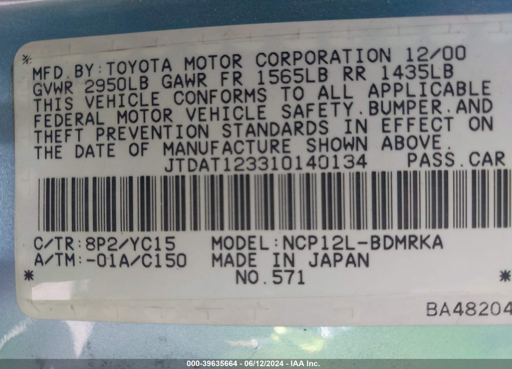 2001 TOYOTA ECHO VIN: JTDAT123310140134