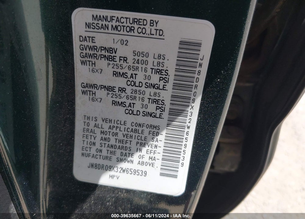 2002 NISSAN PATHFINDER VIN: JN8DR09X32W659539