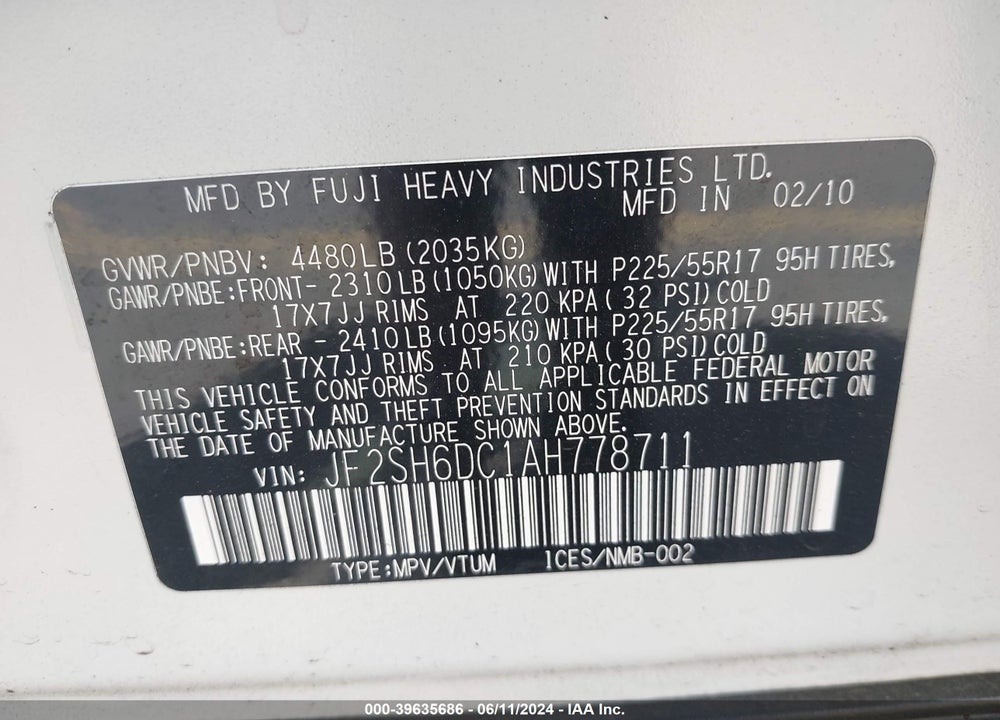 2010 SUBARU FORESTER 2.5X LIMITED VIN: JF2SH6DC1AH778711