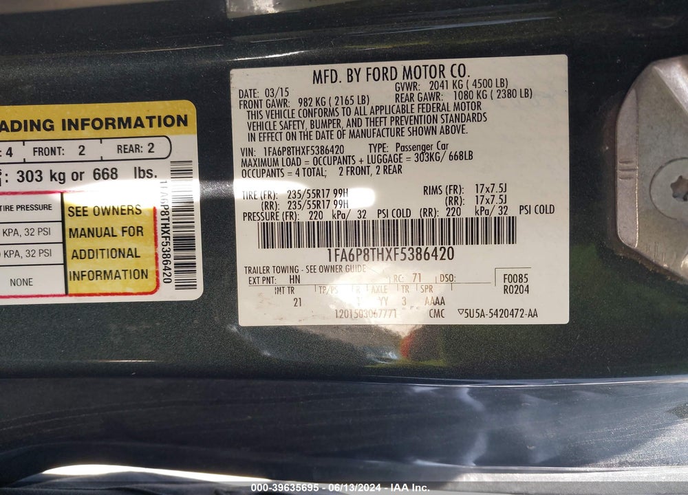 2015 FORD MUSTANG ECOBOOST VIN: 1FA6P8THXF5386420