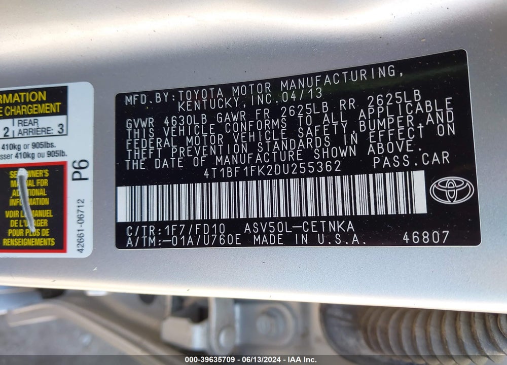 2013 TOYOTA CAMRY VIN: 4T1BF1FK2DU255362