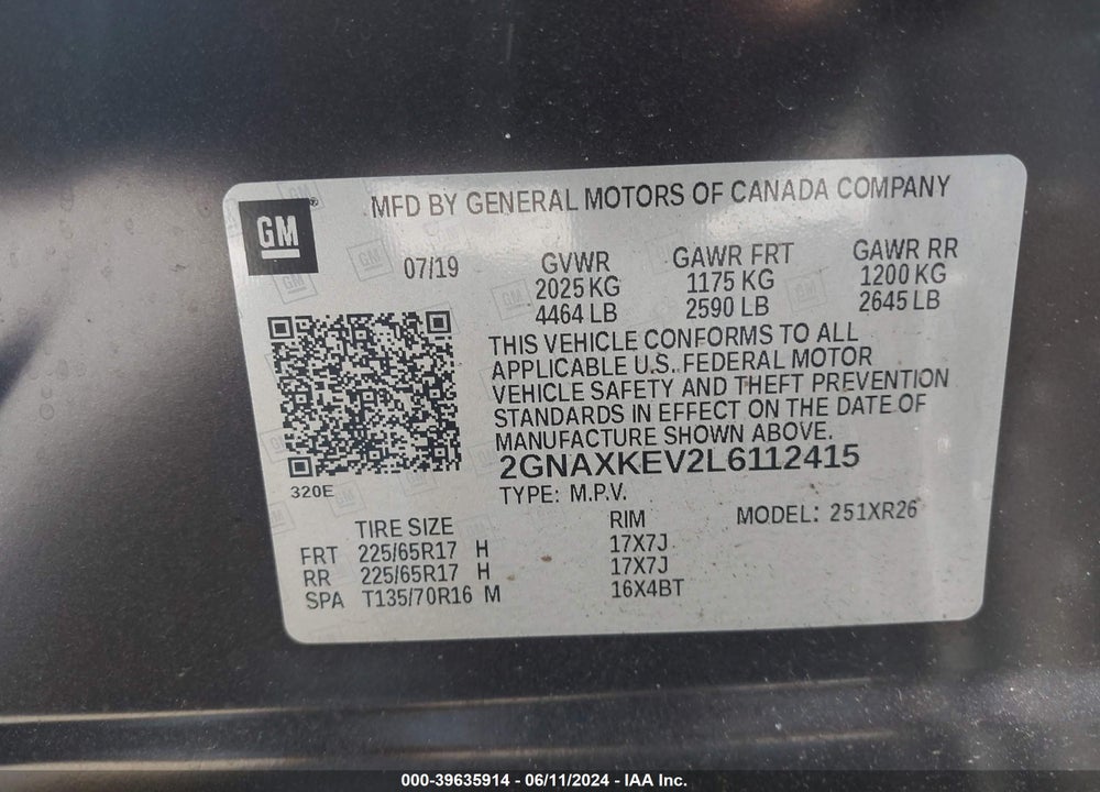 2020 CHEVROLET EQUINOX FWD LT 1.5L TURBO VIN: 2GNAXKEV2L6112415