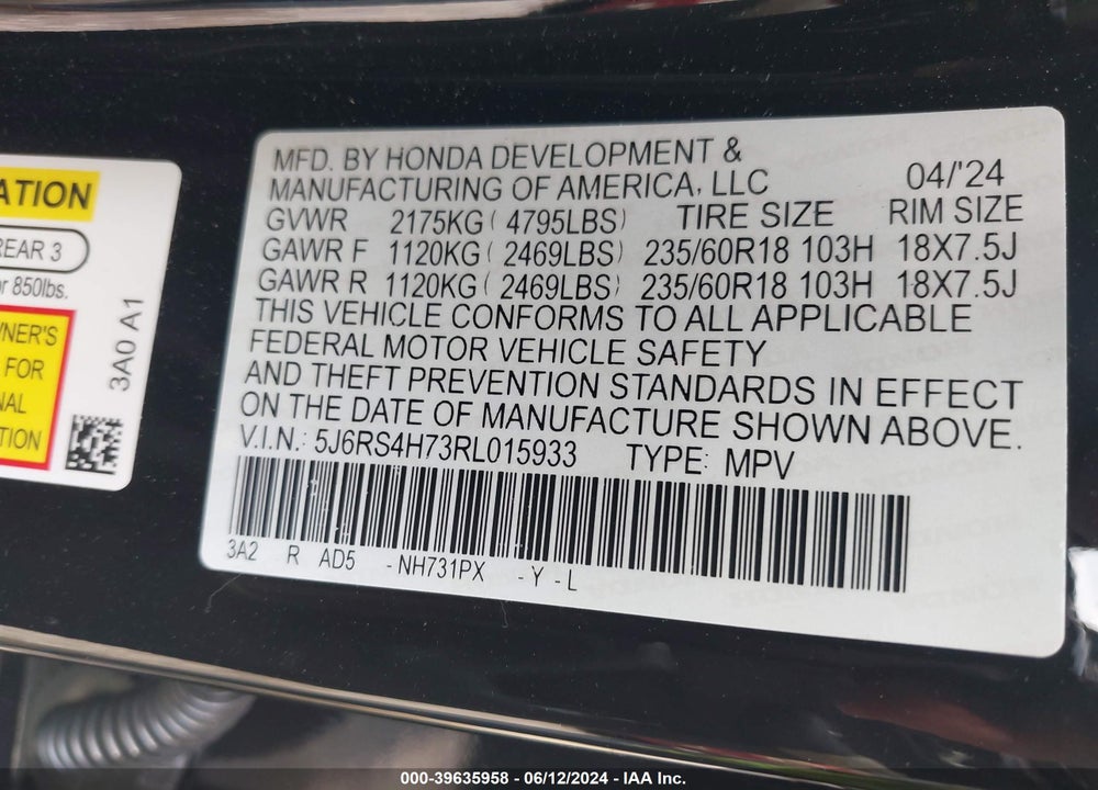 2024 HONDA CR-V EX-L AWD VIN: 5J6RS4H73RL015933