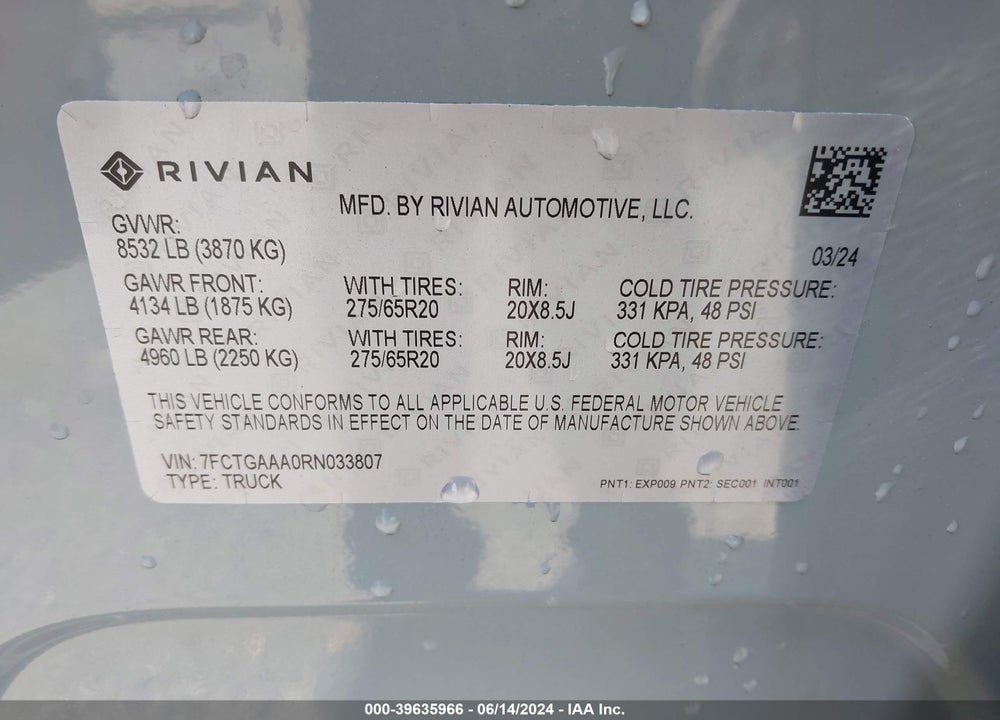 2024 RIVIAN R1T ADVENTURE QUAD-MOTOR LARGE PACK VIN: 7FCTGAAA0RN033807