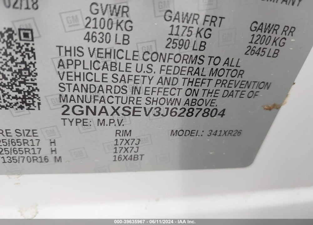 2018 CHEVROLET EQUINOX LT VIN: 2GNAXSEV3J6287804