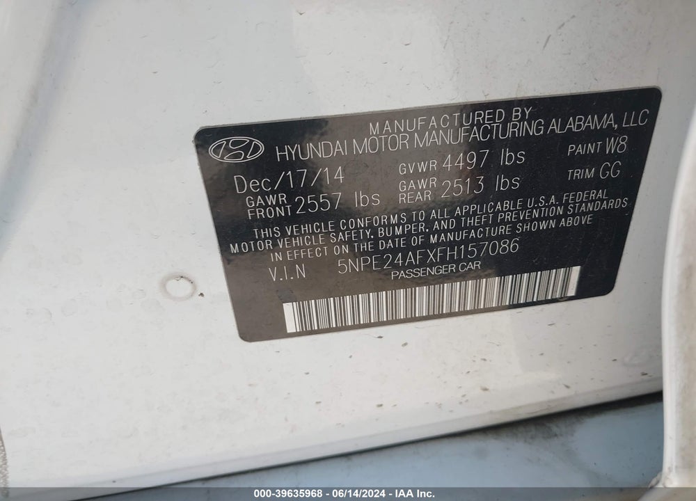 2015 HYUNDAI SONATA VIN: 5NPE24AFXFH157086