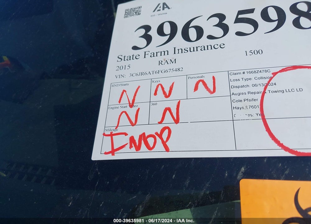 2015 RAM 1500 TRADESMAN VIN: 3C6JR6AT6FG675482