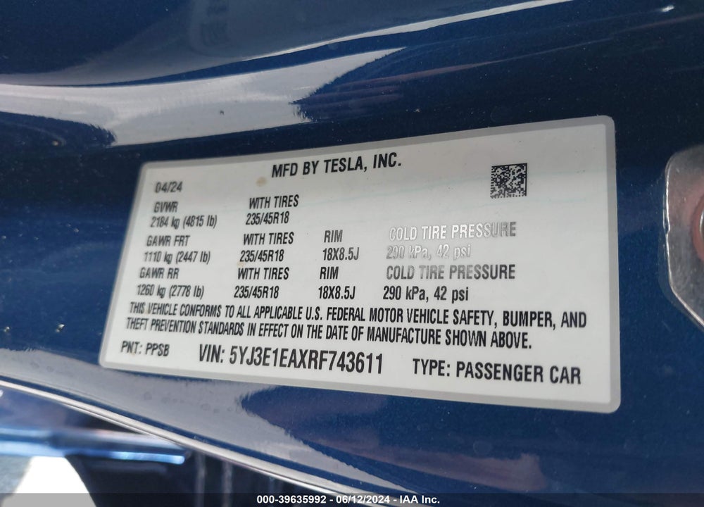 2024 TESLA MODEL 3 REAR-WHEEL DRIVE VIN: 5YJ3E1EAXRF743611