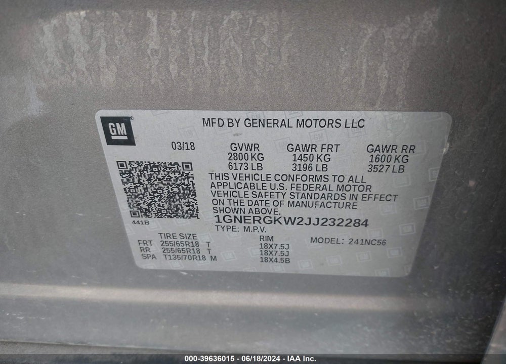 2018 CHEVROLET TRAVERSE 1LT VIN: 1GNERGKW2JJ232284
