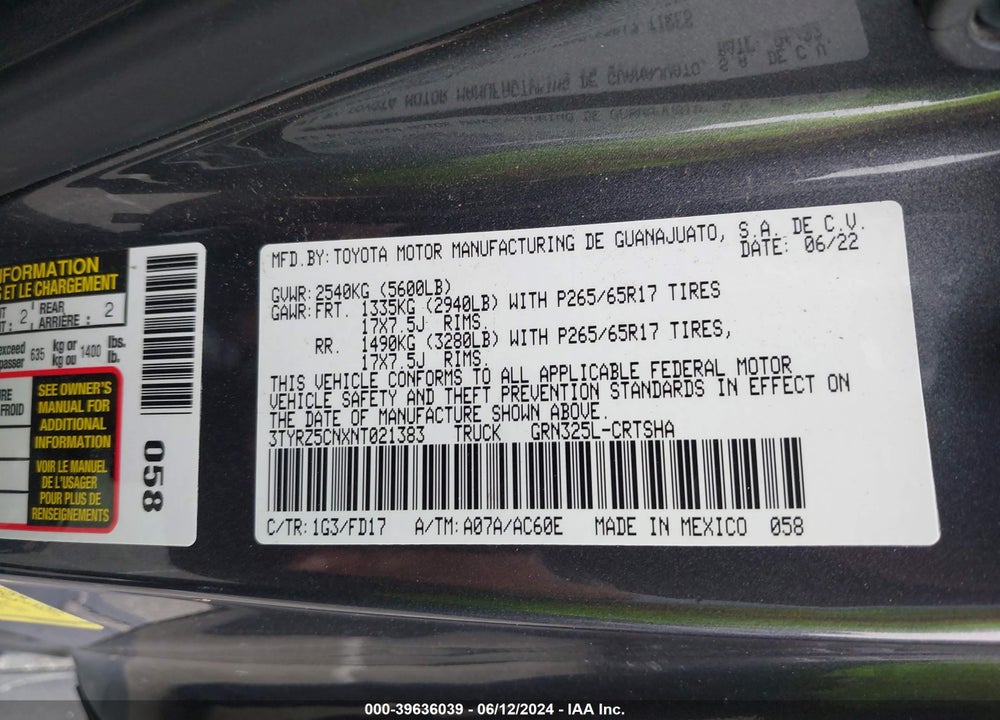 2022 TOYOTA TACOMA TRD SPORT VIN: 3TYRZ5CNXNT021383