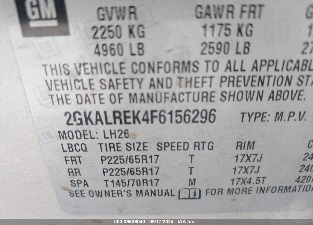 2015 GMC TERRAIN SLE-2 VIN: 2GKALREK4F6156296