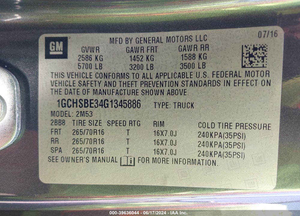2016 CHEVROLET COLORADO WT VIN: 1GCHSBE34G1345886