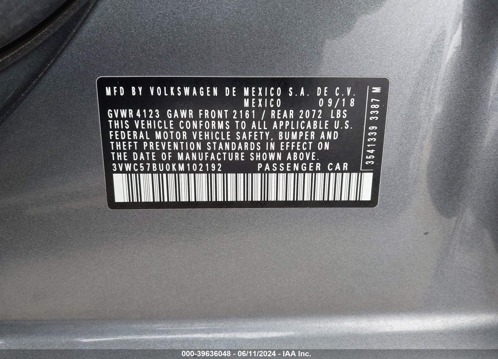 2019 VOLKSWAGEN JETTA 1.4T R-LINE/1.4T S/1.4T SE VIN: 3VWC57BU0KM102192
