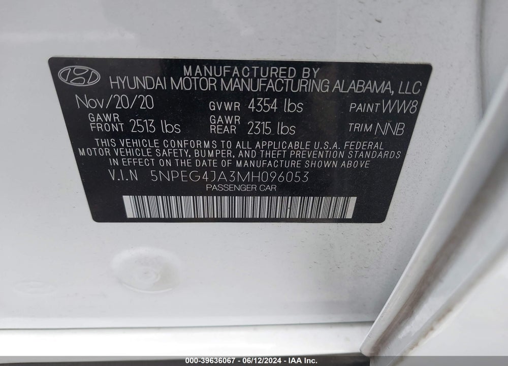 2021 HYUNDAI SONATA SE VIN: 5NPEG4JA3MH096053