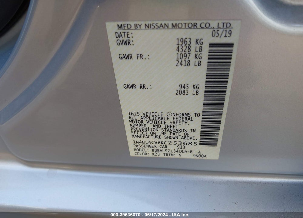 2019 NISSAN ALTIMA 2.5 SR VIN: 1N4BL4CV8KC253685