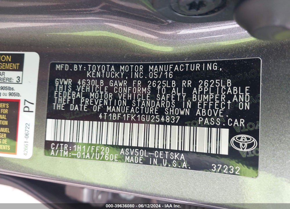 2016 TOYOTA CAMRY SE VIN: 4T1BF1FK1GU254837