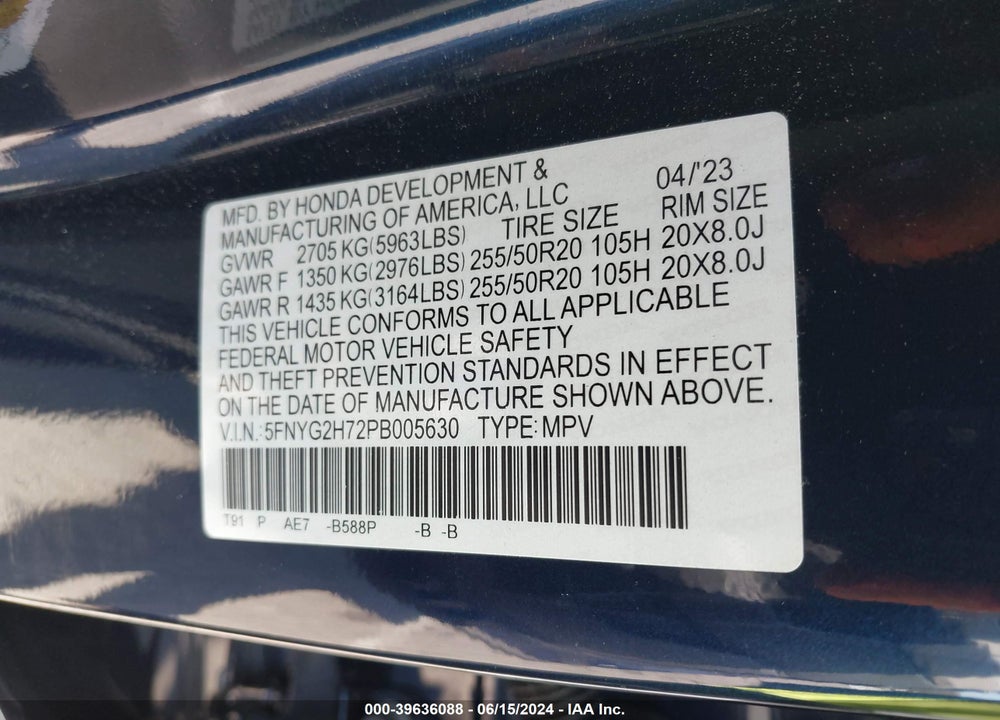 2023 HONDA PILOT 2WD TOURING VIN: 5FNYG2H72PB005630