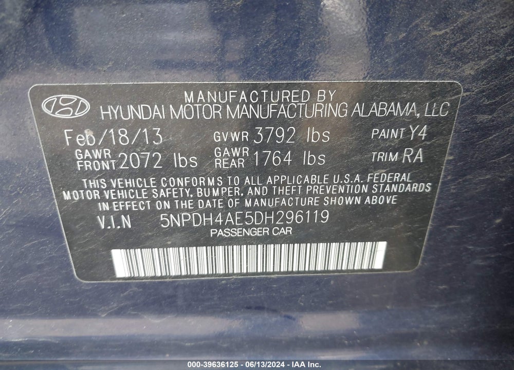 2013 HYUNDAI ELANTRA GLS VIN: 5NPDH4AE5DH296119
