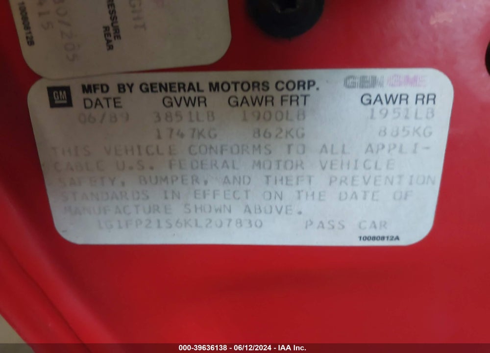 1989 CHEVROLET CAMARO VIN: 1G1FP21S6KL207830