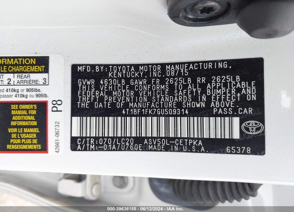 2016 TOYOTA CAMRY XSE VIN: 4T1BF1FK7GU509314