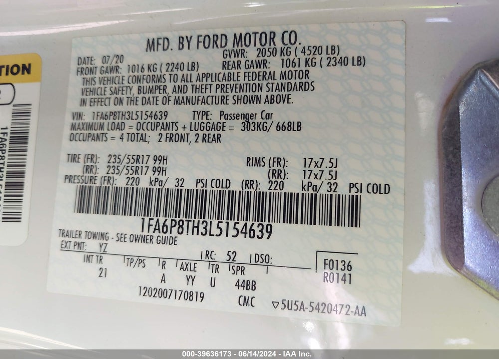 2020 FORD MUSTANG ECOBOOST FASTBACK VIN: 1FA6P8TH3L5154639