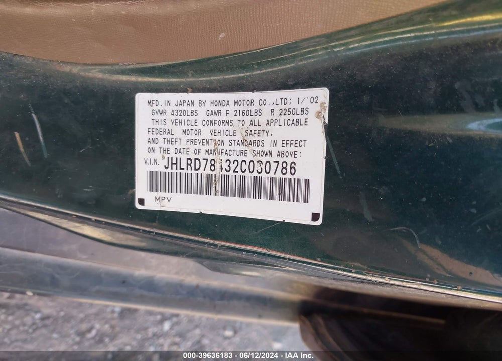 2002 HONDA CR-V LX VIN: JHLRD78432C030786