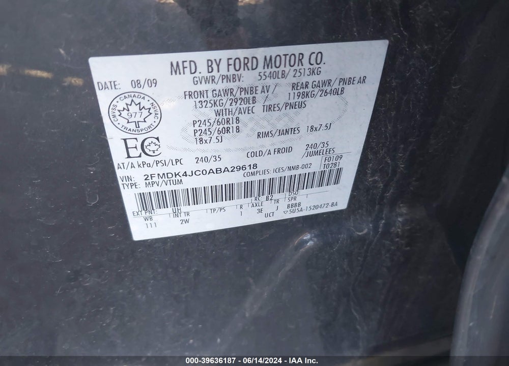 2010 FORD EDGE SEL VIN: 2FMDK4JC0ABA29618