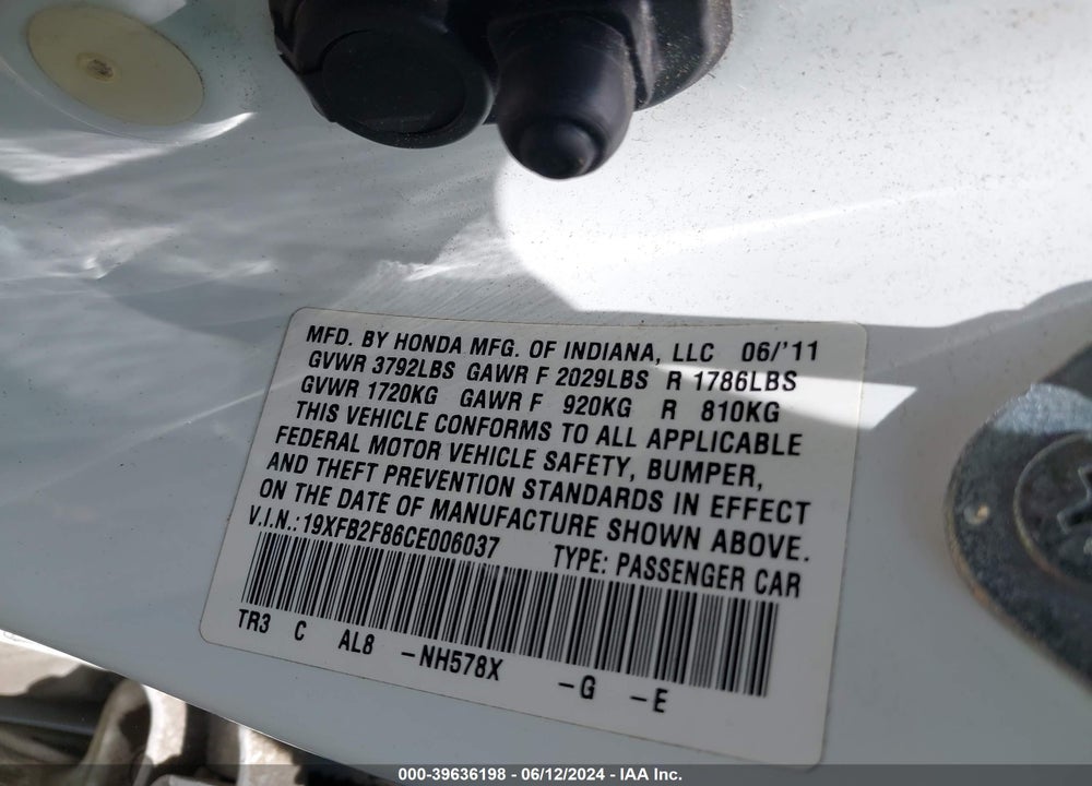 2012 HONDA CIVIC EX VIN: 19XFB2F86CE006037