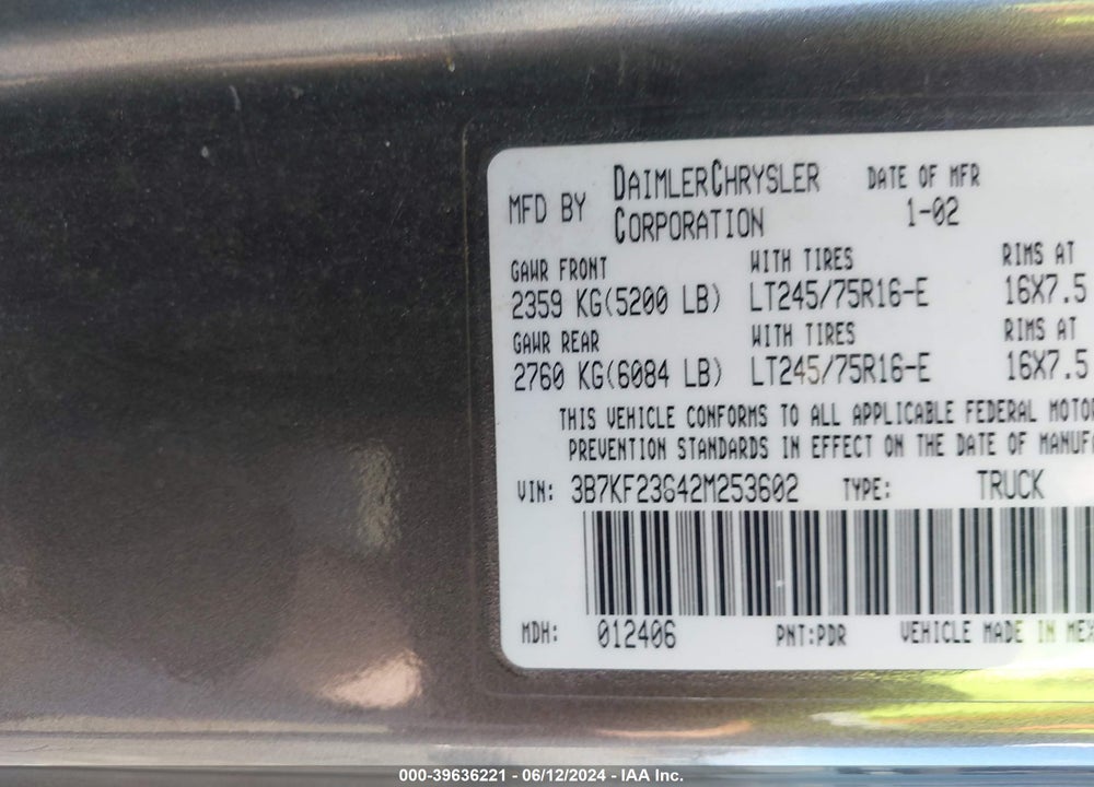 2002 DODGE RAM 2500 ST VIN: 3B7KF23642M253602