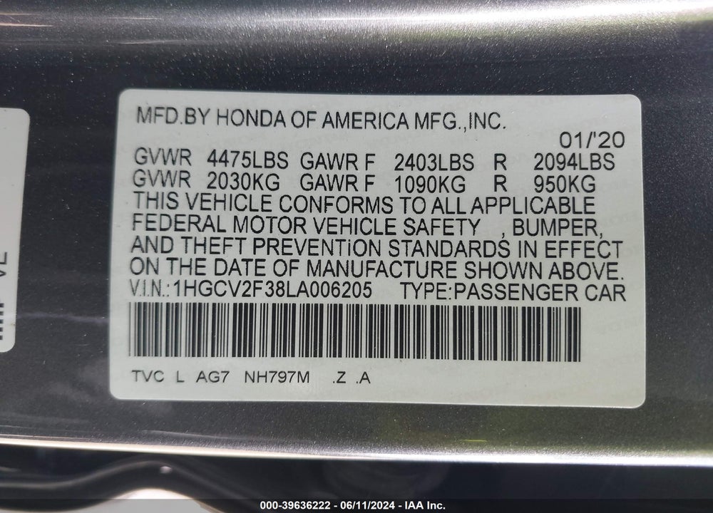 2020 HONDA ACCORD SPORT 2.0T VIN: 1HGCV2F38LA006205